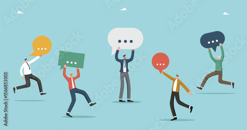 Teamwork to solve work problems, expressing one's own opinion for the benefit of the company, business communication and interaction between departments, a team of workers with speech bubbles.