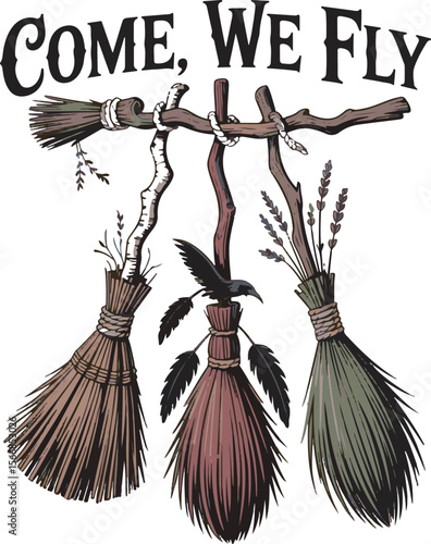 Three brooms hanging from branches with a crow rustic illustration