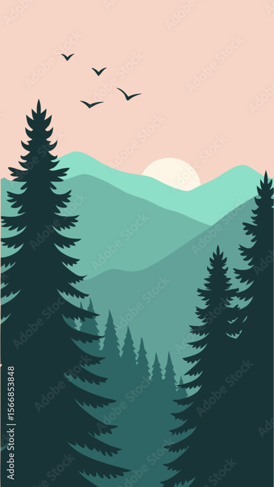 Fototapeta premium A Beautiful Parallax Landscape Banner With A Sunset Over Distant Layered Mountains