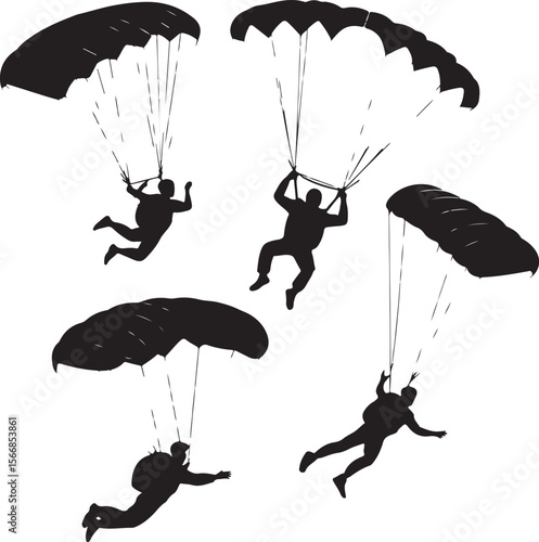 Skydiver Freefall Silhouette Over Mountains

Parachutist Deploying Canopy Vector Design

Tandem Skydiving Silhouette Scene

Parachute Opening in Midair Vector Art

Landing Parachutist Silhouette Illus