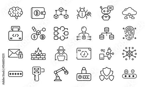 Cybersecurity and Technology Line Icons Bundle Featuring AI, Blockchain, Cryptocurrency, Coding, Hacking, Password Protection 