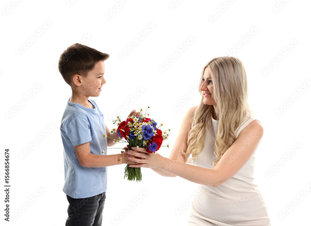 Little boy presenting bouquet of beautiful flowers to his smiling mother on white background Little boy presenting bouquet of beautiful flowers to his smiling mother on white background
