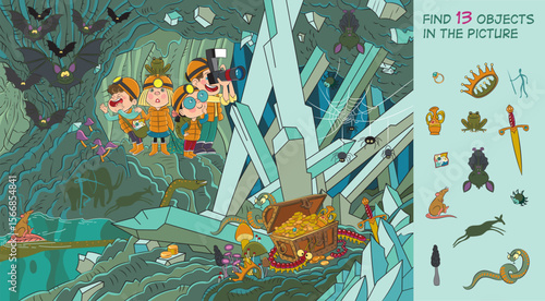 Children on a tour in a cave. How much is unknown here! Find 13 objects in the picture. Educational game for children. Cartoon vector illustration