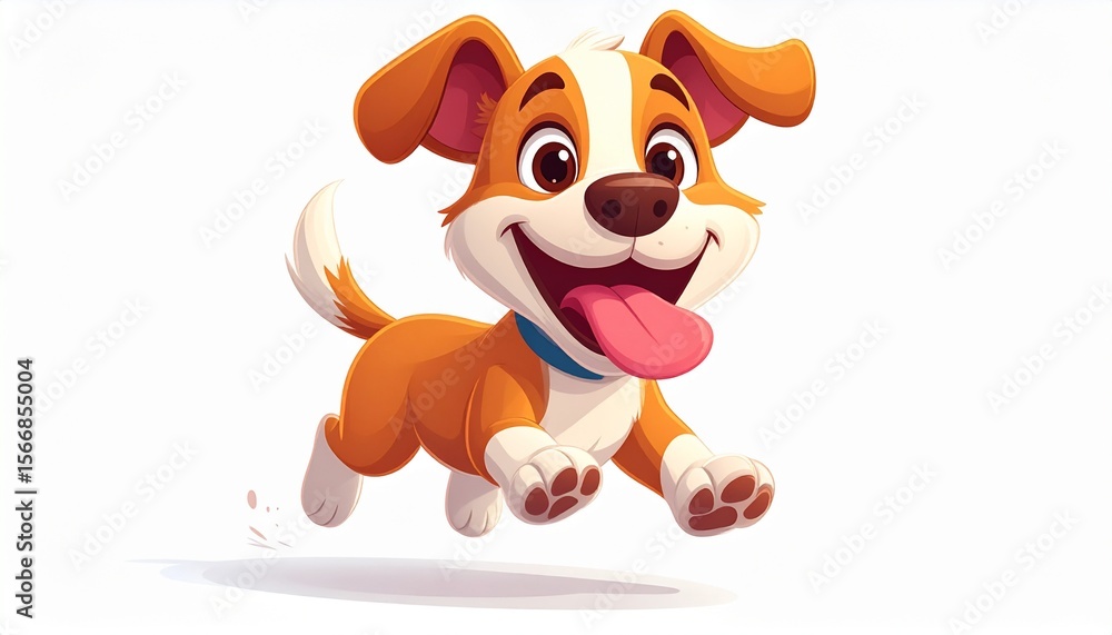 Naklejka premium Hyperactive cartoon dog running with tongue out, exaggerated expression, cute style