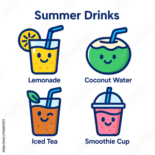 Cute cartoon illustrations of four refreshing summer beverages: lemonade, coconut water, iced tea, and a smoothie.