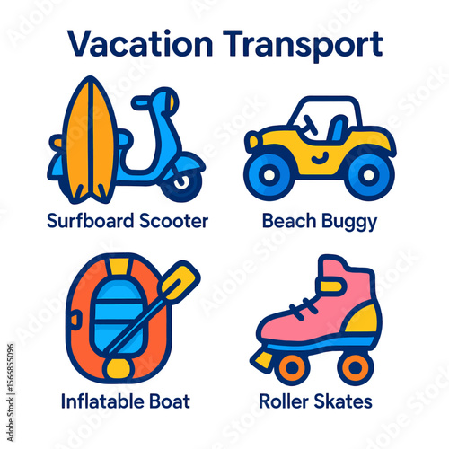 Four colorful icons depict vacation transport options: surfboard scooter, beach buggy, inflatable boat, and roller skates.