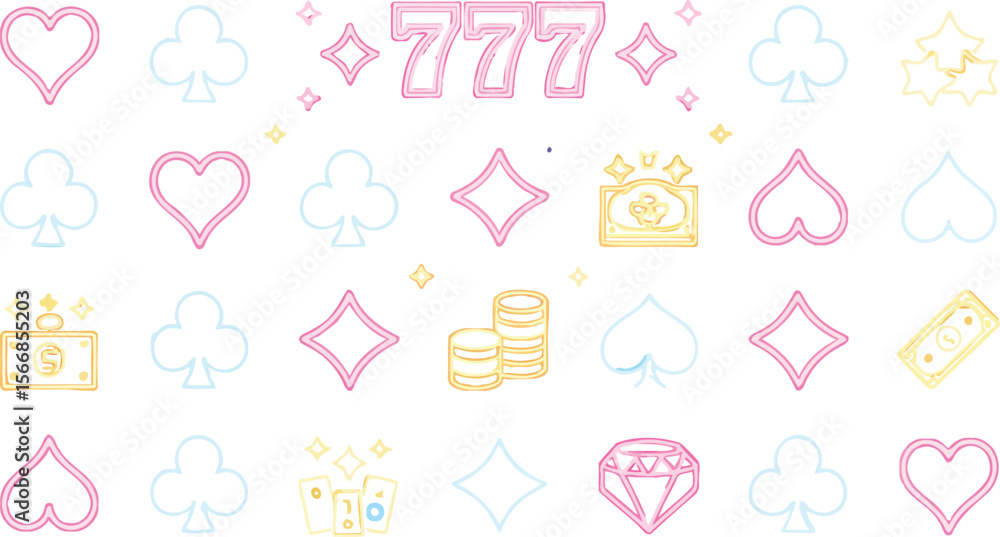 Neon gambling symbols including card suits, dice, coins, money, and lucky sevens on a dark background Neon gambling symbols including card suits, dice, coins, money, and lucky sevens on a dark background