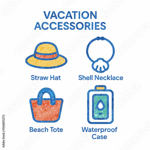Vacation accessories including straw hat, shell necklace, beach tote, and waterproof case.