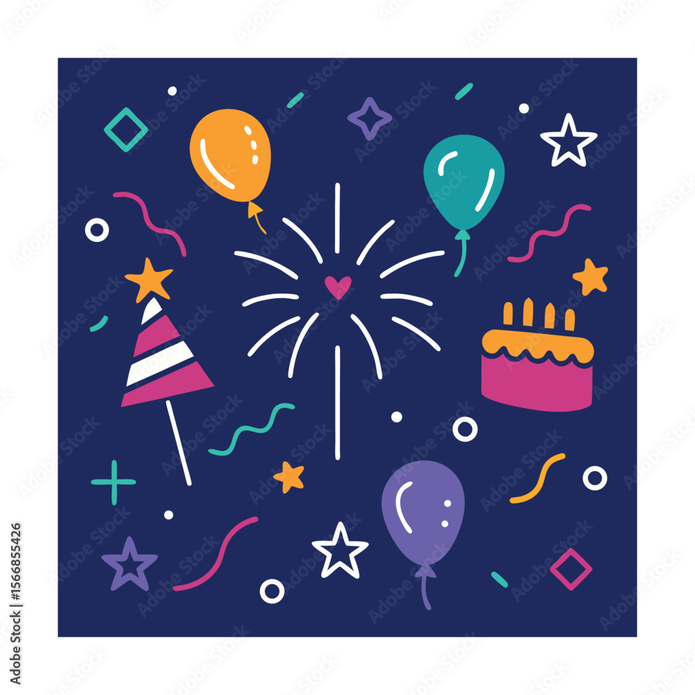 Naklejka premium Festive Celebration Icons with Fireworks Sketch