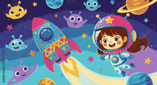 A cheerful girl astronaut soars through a vibrant cosmos in her rocket, encountering playful aliens and twinkling stars on her exciting journey.