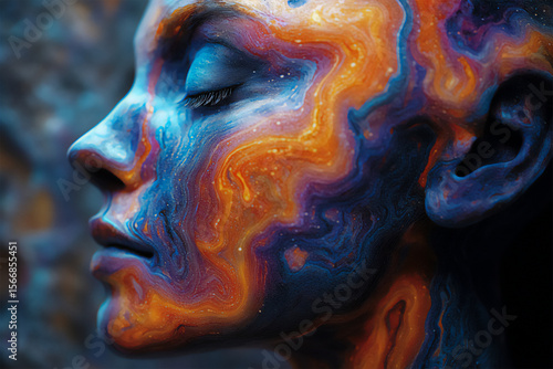 Celestial Face Portrait - Ethereal Human Profile with Swirling Cosmic Paint in Galactic Blues, Purples, and Golds