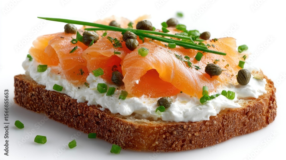 Close-up of a delicious smoked salmon and cream cheese toast. Close-up of a delicious smoked salmon and cream cheese toast.