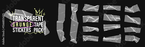 Transparent torn tape sticker set with dirty grunge texture. Notebook collage retro pop art style. School punk vector design elements for zine title layout.