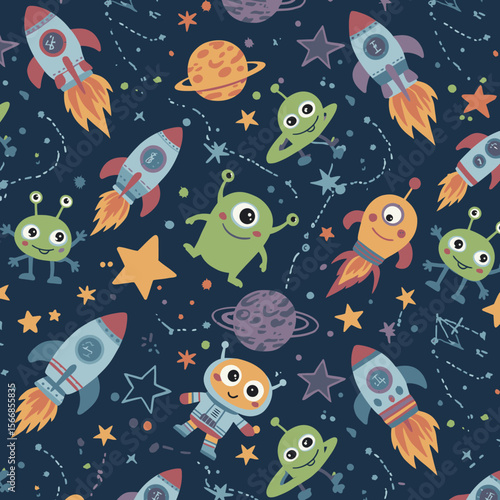 Adorable cartoon rockets, planets, and aliens create a whimsical space-themed seamless pattern, perfect for kids' textile designs, wallpapers, or wrapping paper projects, adding a touch of playful