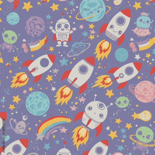 A whimsical space-themed seamless pattern featuring rockets, planets, cute aliens, robots, and stars on a purple background, perfect for children's designs and digital art.