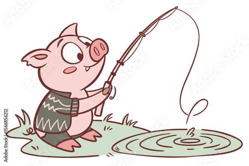 Vector cute Pig cartoon character, holding a fishing rod, patiently waiting by a pond, peaceful and relaxed expression, water ripples, isolated on white background
