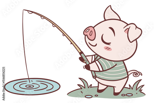 Vector cute Pig cartoon character, holding a fishing rod, patiently waiting by a pond, peaceful and relaxed expression, water ripples, isolated on white background