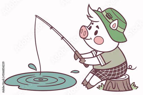 Vector cute Pig cartoon character, holding a fishing rod, patiently waiting by a pond, peaceful and relaxed expression, water ripples, isolated on white background