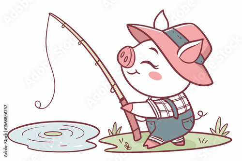 Vector cute Pig cartoon character, holding a fishing rod, patiently waiting by a pond, peaceful and relaxed expression, water ripples, isolated on white background