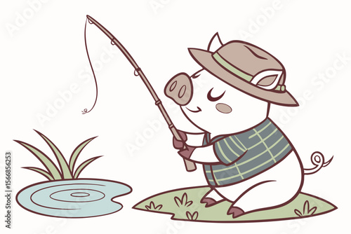 Vector cute Pig cartoon character, holding a fishing rod, patiently waiting by a pond, peaceful and relaxed expression, water ripples, isolated on white background