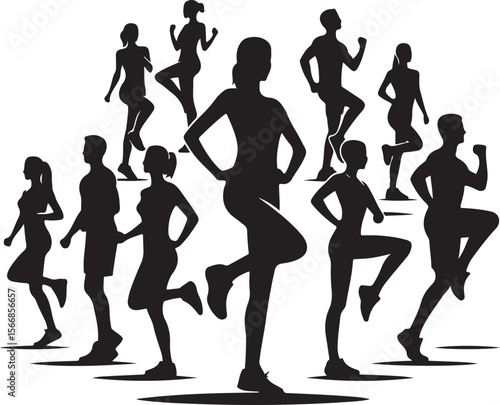 Silhouettes of Diverse People Engaged in Dynamic Fitness Activities and Aerobic Exercises