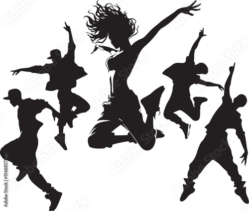 Dynamic Silhouette Group of Hip Hop Dancers Performing Energetic Moves on a White Background