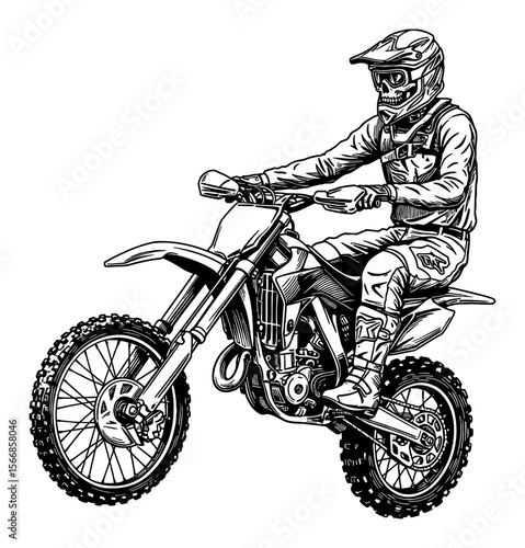 Skeleton Motocross Rider Doing Trick on Dirt Bike in Black and White Outline Line Art Drawing