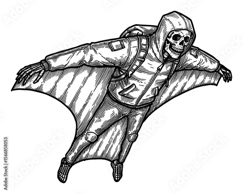 A Skeleton Wearing Jacket and Wingsuit Flying in Air Black and White Outline Line Art Drawing