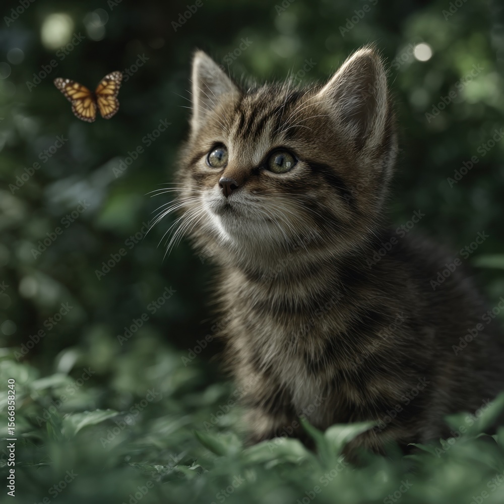 A small striped kitten watches in wonder as a butterfly flutters nearby among greenery A small striped kitten watches in wonder as a butterfly flutters nearby among greenery