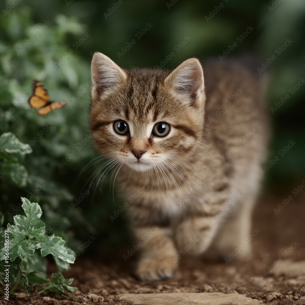 A playful kitten walks through vibrant foliage, captivated by a butterfly flying close A playful kitten walks through vibrant foliage, captivated by a butterfly flying close