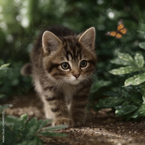 Wallpaper Mural A playful kitten ventures through lush greenery, captivated by a fluttering butterfly Torontodigital.ca