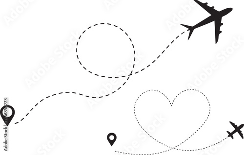 Vector airplane route heart flight from location pin, travel and delivery icon set design.eps