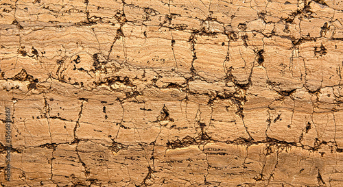 Close up shot displaying a brown cork material with a detailed crackled and textured surface look