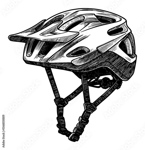 Protective Modern Bike Helmet Engraved Style Black and White Outline Line Art Drawing Isolated Safety Gear