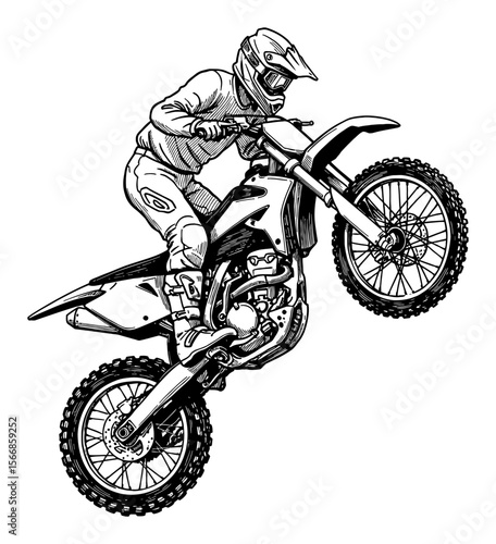 Man doing trick with motocross bike rider performs a stunt wheelie dynamic motion Black and White Outline Line Art Drawing