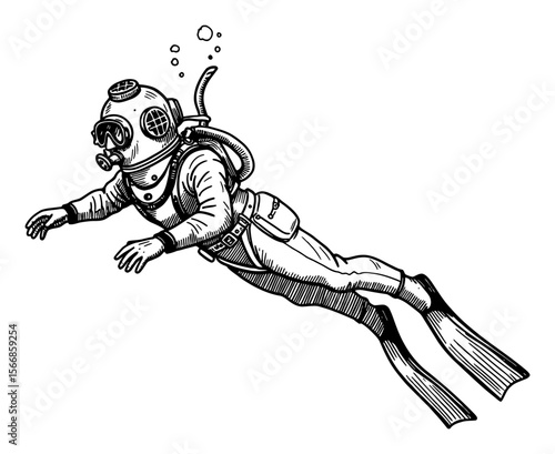 Man Freediving with Vintage Diving Suit in Black and White Outline Line Art Drawing Illustration