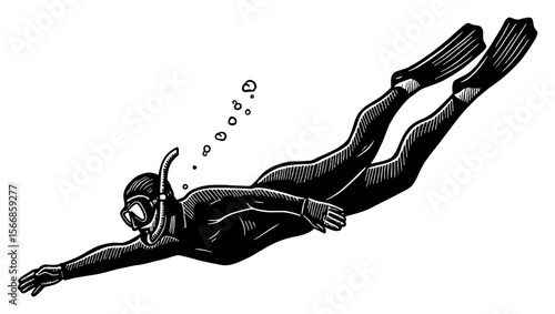 Man Freediving Deep Underwater with Snorkel Mask and Fins Black and White Outline Line Art Drawing