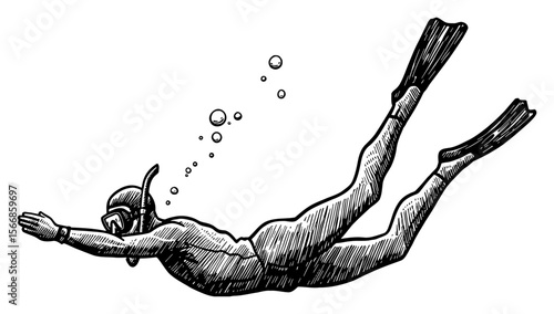 Man Freediving Snorkeling Underwater with Mask Fins and Bubbles Black and White Outline Line Art Drawing