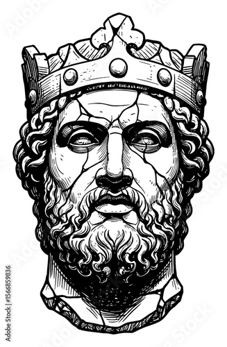 A Majestic Romanian King Head Sculpture Statue Very Broken Fractured Black and White Outline Line Art Drawing