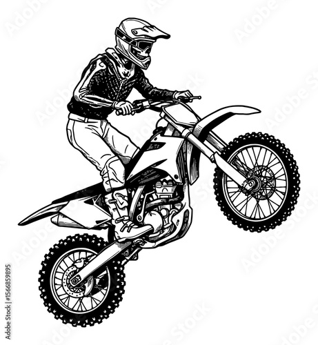 Dynamic Skeleton Motocross Rider Doing Wheelie Trick Black and White Outline Line Art Drawing