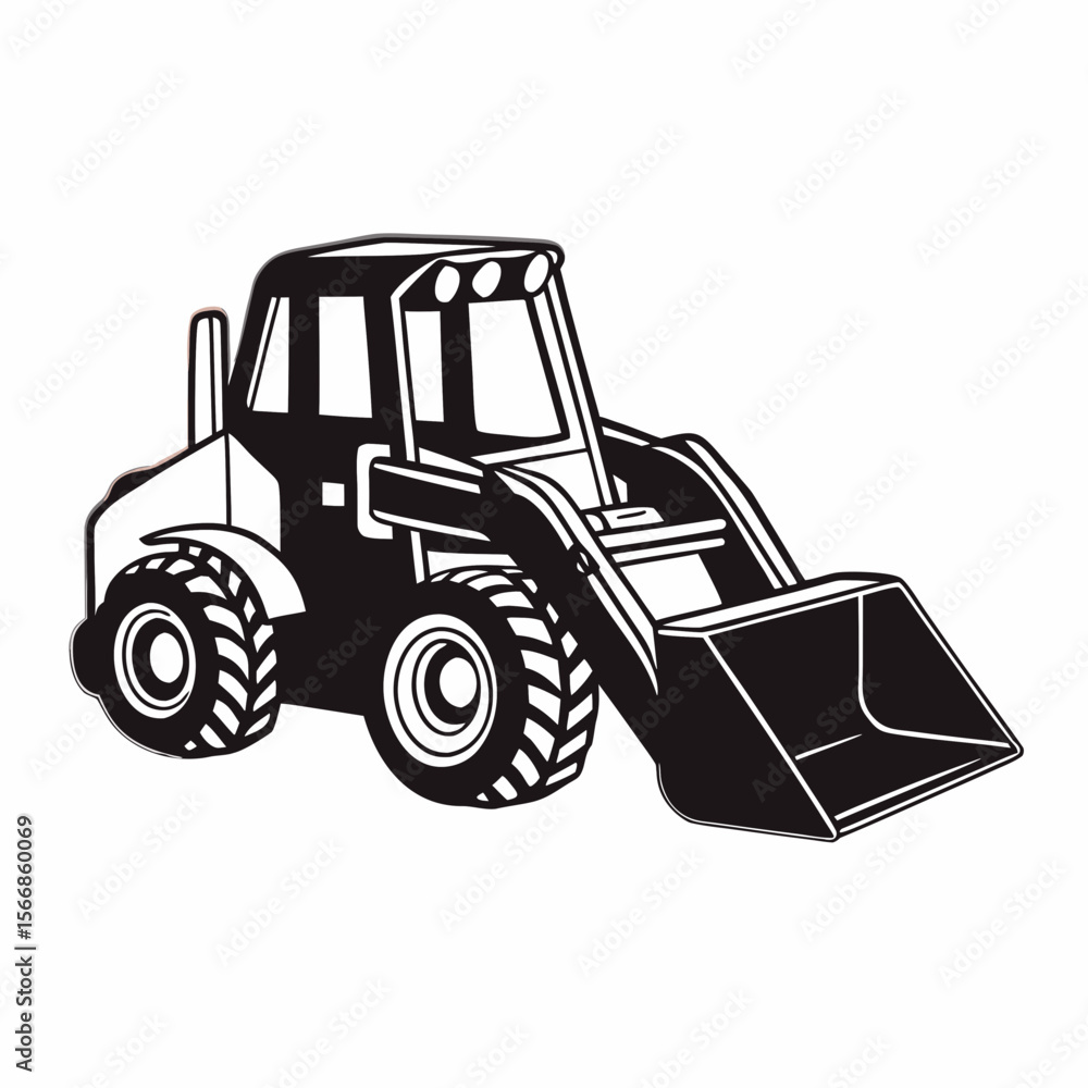 Naklejka premium Illustration of a black and white skid steer loader with a large bucket in a side view design created with generated ai