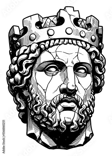 A Majestic Romanian King Head Sculpture Statue very Broken Fractured Black and White Outline Line Art Drawing