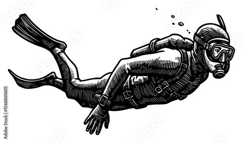 Man Freediving Closeup Underwater with Scuba Gear in Vintage Black and White Outline Line Art Drawing