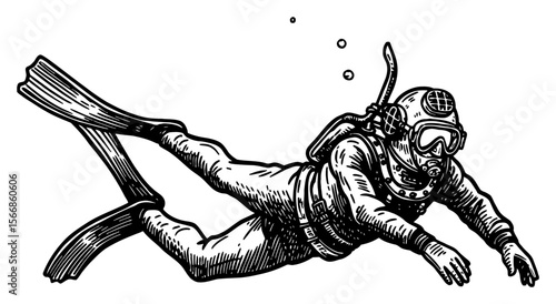Man Freediving in Vintage Diving Suit Underwater with Flippers Black and White Outline Line Art Drawing