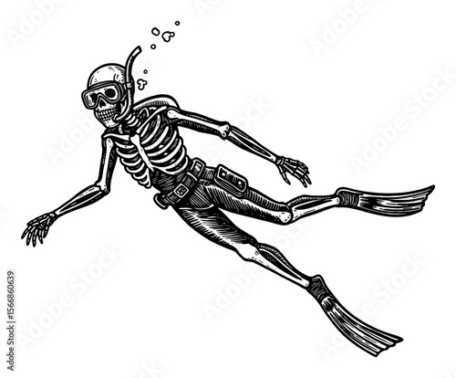 Skeleton Freediving Underwater with Mask and Fins Vintage Black and White Outline Line Art Drawing