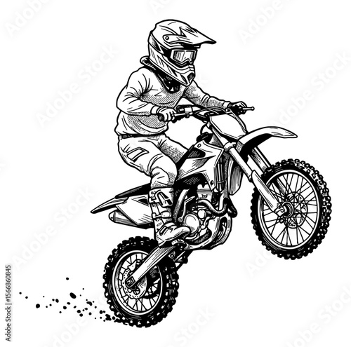 Little Boy Performing Motocross Trick Wheelie in Dynamic Black and White Outline Line Art Drawing