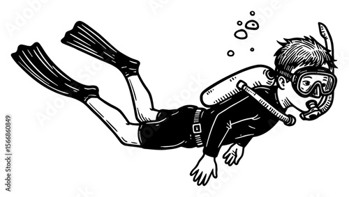 Little Boy Freediving Underwater with Snorkel Fins Black and White Outline Line Art Drawing
