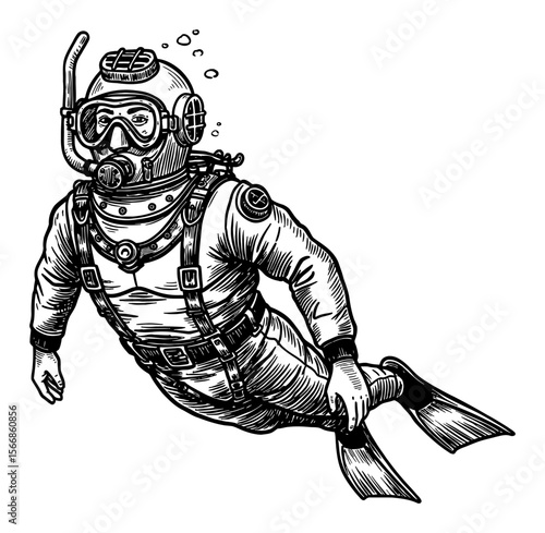 Man Freediving Closeup in Vintage Diving Suit Black and White Outline Line Art Drawing Illustration
