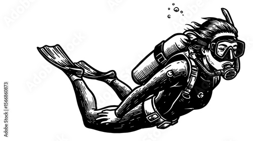 Woman Freediving Closeup Underwater with Scuba Gear and Bubbles Fins Mask Tank Black and White Outline Line Art Drawing