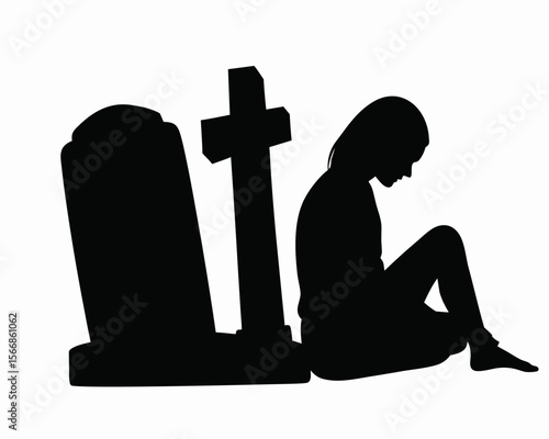 Silhouette of a grieving woman sitting by a grave with a cross in a cemetery on a white background created with generated ai